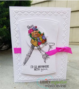 White embossed card with the flower-basket bicycle on a curved panel, a hot pink ribbon and 'I'D GO ANYWHERE WITH you.'