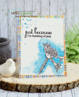 Plaid-edged card with the bicycle stamped over a blue watercolor wash, with a thinking-of-you sentiment banner above.