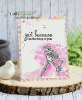 Plaid-edged card with the bicycle stamped over a pink watercolor wash, with a thinking-of-you sentiment banner above.