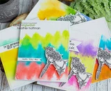 A stack of rainbow watercolor cards each stamped with the flower-basket bicycle and short sentiment strips.