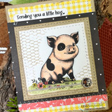 Chicken-wire background framing a spotted pig, 'Sending you a little hog.'