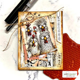Chicken-wire background behind wide-eyed chickens, 'We're egg-cited for you,' grungy card.