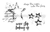Looking Up stamp sheet: a trio of outlined stars over a scribbled script background, a single star with grunge texture, and the sentiments 'chase the moon, ride the stars' and 'never stop looking up'.