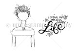 The Planner Gal: One Happy Life itty bitty red rubber stamp shown as line art: a little planner girl with 'Living one amazing happy Life', by Angie Blom.