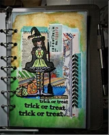 Mixed-media journal page in green and orange, the witch girl coloured in bright greens over collaged papers with 'trick or treat' repeated below.
