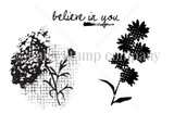 Stamp sheet: a distressed hydrangea bloom with a stem over a grid circle, a tall polka-dot flower silhouette, and the script sentiment 'believe in you'.