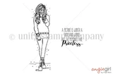 Cierra Girl red rubber stamp - line art of a slim girl with long wavy hair standing with her hands in her pockets, beside 'A picture is worth a thousand words. But the memories are priceless.'