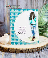 Card with a teal triangle-print panel and a white circle holding Cierra Girl in a mint sweater and the priceless-memories sentiment.