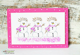 Card with three snowmen in pink scarves on a bright pink background.