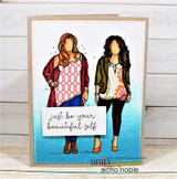 Card with the two friends in fall tones on a blue panel and 'just be your beautiful self.'