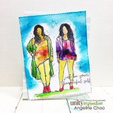 Watercolor card with the friends in bold color and 'just be your beautiful self.'