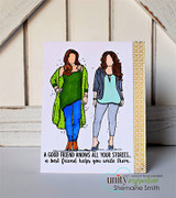 Card with the girls in green and blue on a lavender panel and the 'good friend' sentiment.