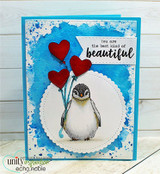 Blue watercolor card with the penguin and three red heart balloons, 'You are the best kind of beautiful.'