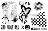 Vibes stamp sheet: a splattered vintage ledger background, a halftone dot square, a checkerboard square, brushy sketched hearts, and the sentiments 'LOVE', 'GOOD VIBES ONLY' and 'XO'.