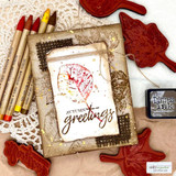 Vintage card with a leaf colored red and gold, 'Autumn greetings'
