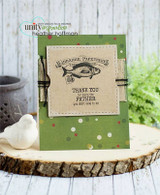 Green confetti card with a kraft panel and twine, the fish label stamped above 'THANK YOU for being the FATHER you didn't have to be'.