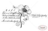 Pansies & Sympathies stamp sheet: a large pansy on a stem over old world script, postmarks and two butterflies, with 'With Sympathy and prayers'.