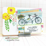 Card with bright yellow flowers and a watercolor panel of the tandem bike with a flower basket, and a 'Let's enjoy the ride together!' label