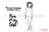 Black and white stamp sheet of Nia Girl, an Angiegirl in an off-the-shoulder top and ankle boots with piled curls, plus 'You are amazing REMEMBER THAT' and 'You got this Girl.'