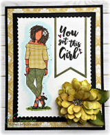 Black and gold card with Nia in a yellow gingham top and green pants beside a green banner reading 'You got this Girl' and a yellow bloom.