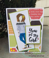 Card with kindness-word paper and green blocks; Nia stands in grey and denim beside a 'You got this Girl' panel.