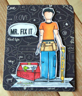 Black doodle-print card with a white speech bubble reading 'MR. FIX IT', a guy in an orange tee and tool belt beside a red toolbox, coloured in bright tones.