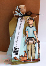 Kraft card with a tall sheer ribbon banner stamped 'thanks for being so HANDY', the guy in a blue tee and tool belt standing on a striped strip.