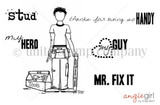ALEX guy stamp sheet: a line-art guy in a tee, jeans and a loaded tool belt standing beside a toolbox and a level, plus the sentiments 'stud', 'MY HERO', 'MY GUY', 'MR. FIX IT' and 'thanks for being so HANDY'.