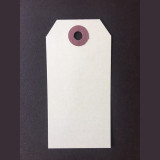 Blank manila shipping tag with a reinforced eyelet at the top, photographed flat on a dark background.