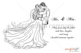 Line-art red rubber stamp of a bride and groom embracing with "Mr. & Mrs." and a wedding well-wishes sentiment.