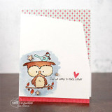 Clean card with the owl and its little bird colored in browns on a soft blue watercolor cloud, stamped 'Owl we need is each other' with a red heart accent.