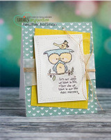 Mint and yellow layered card with the owl and bird on a stitched panel and the sentiment 'It's not what we have in life, but who we have in our life that matters.'