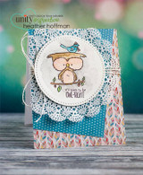 Teal polka-dot card with the owl and bird in a circle frame over a white doily, stamped 'it's going to be OWL-RIGHT.'