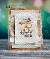 Neutral card with the owl and bird on a stitched panel over kraft and burlap layers, stamped 'you are a HOOT & A HALF.'