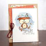 Card with the owl and bird colored in warm browns on a blue cloud, layered over floral and orange papers with a red twine bow.