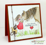 Square card with a girl in a red dress nuzzling a brown horse in grass, a wooden horse charm and 'True friends listen from the heart'