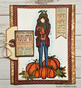Layered brown and cream card with November Girl in a plaid scarf standing on pumpkins, autumn word tags, and a banner from another set.