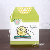 Green striped tag-style card with the bird in yellow on its books, a small pink heart, and 'You're so Smart way to go.'