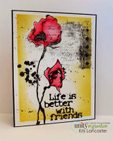 Card with a mustard yellow panel, the script text block stamped in black behind two poppies coloured in deep red, ink splatters scattered and the friends sentiment below.