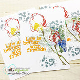 Three white cards fanned out, the poppies stamped in red, olive and blue with the script block in grey behind and the friends sentiment stamped in yellow and orange.