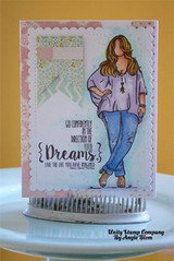 Card with the girl colored in a lavender top and jeans over patterned paper, 'let the beauty of who you are...'