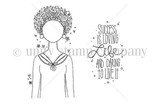 The Planner Gal: Loving Life itty bitty red rubber stamp shown as line art: a little planner girl with 'Success is loving life and daring to live it', by Angie Blom.