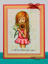 A coral and cream card tied with red twine, the girl colored in peach and pink on an embossed panel, with the sentiment 'i will be there for you.'