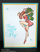 Blue and yellow layered card with a hand colored girl leaping in a red dress with green butterfly wings, stamped 'Spread your wings & Fly'.
