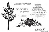Red rubber stamp sheet: a slim leafy tree and a floral swag with 'With sympathy', 'So sorry for your loss' and the full peace, courage and memories verse.