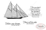 Set Sail stamp sheet: a two masted schooner with striped sails, with 'Follow your dreams, let them set sail...', 'There will be calm after the storm.' and 'The pessimist complains about the wind; the optimist expects it to change; the realist adjusts the sails.' sentiments