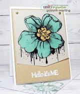 Card with a teal sketched blossom and drippy ink on a kraft panel with the sentiment 'Hello it's ME'