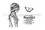 Red rubber stamp sheet for Go Get It Girl: a sketched girl in profile with long wavy hair and a flower crown, a small butterfly, and the sentiment "The only thing more Beautiful than the woman that knows what she wants, is the woman that isn't waiting on anybody else to get it for her."