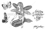 Stamp sheet: a seated mermaid with long hair, patterned fairy wings and a scaled tail, a full butterfly, a half butterfly and the script sentiment 'Every Day Holds New Magic'.
