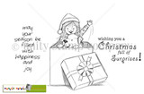 Christmas Surprise stamp sheet: a smiling girl in a Santa hat waving as she pops out of a gift box with a puppy, plus 'may your season be filled with happiness and joy.' and 'wishing you a Christmas full of Surprises!'